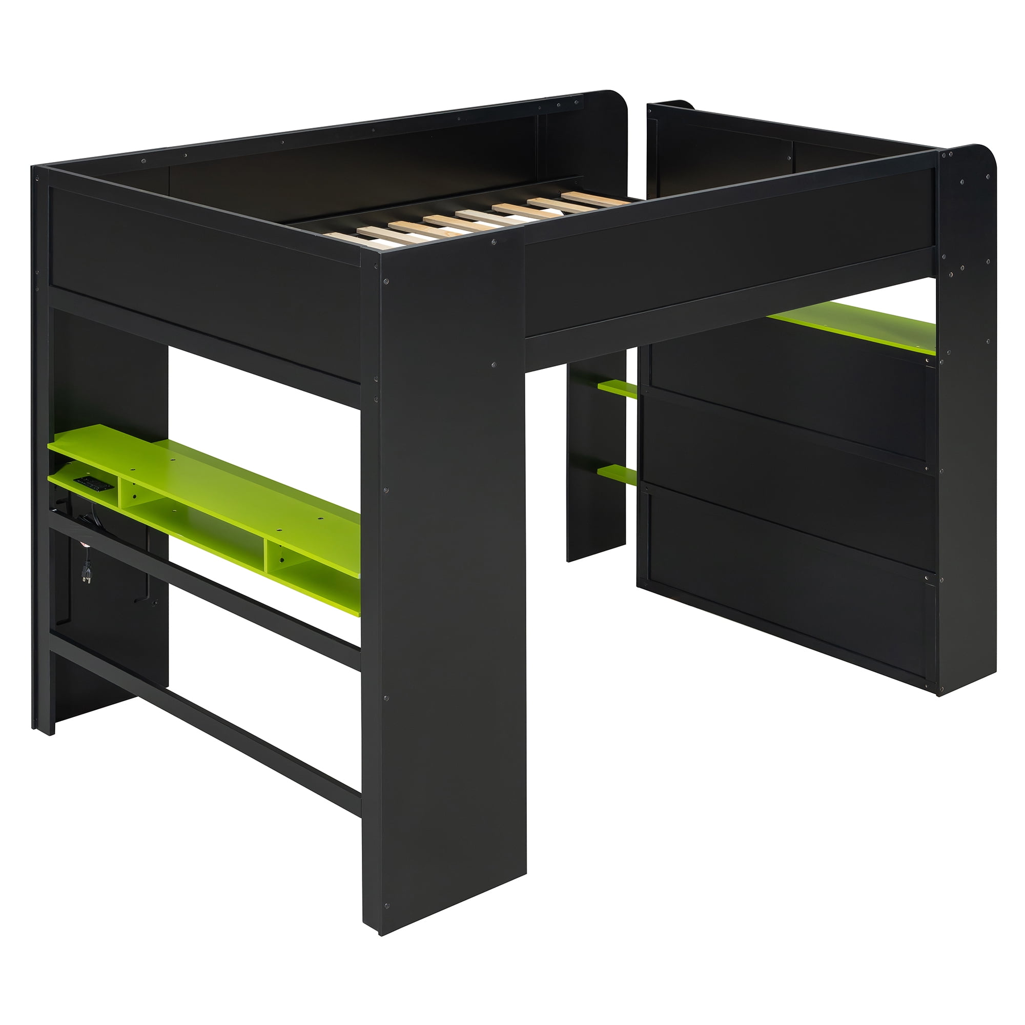 Aukfa Full Size Loft Bed with Desk, Wardrobe, USB Port and RGB Lights, Wood Gaming Loft Bed for Kids Teens Adults, Green