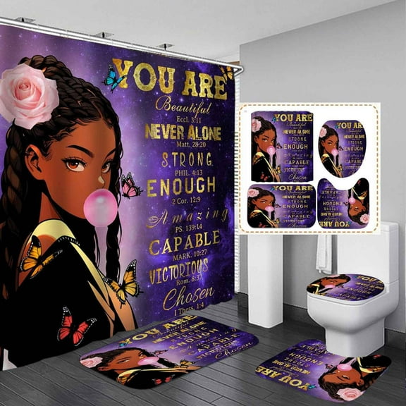 4PCS African American Shower Curtain Sets With Rugs, Sexy Black Women Shower Curtain Waterproof Fabric Shower Curtain, Inspirational Quotes Positive Fashion Afro Lady Black Girl Bathroom Decor