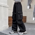 thumbnail image 5 of CYRBOKO Girls Cargo Pants with Pockets, Elastic Waist Loose Fit Casual Drawstring Wide Leg Pants Black Size 5-6 T, 5 of 7