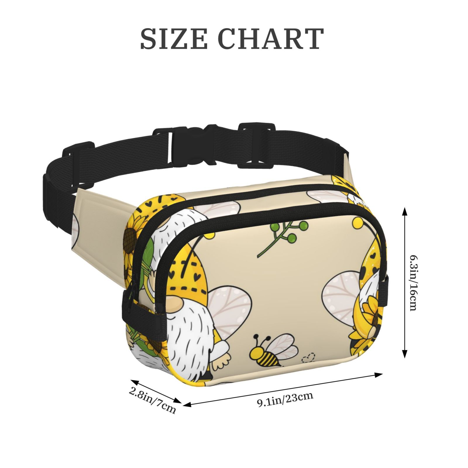 Picia Gnomes Bees And Sunflowers Print Square Double-Layer Waist Bag Mini Adjustable Waist Belt Bag Exercise Running Travel Hiking