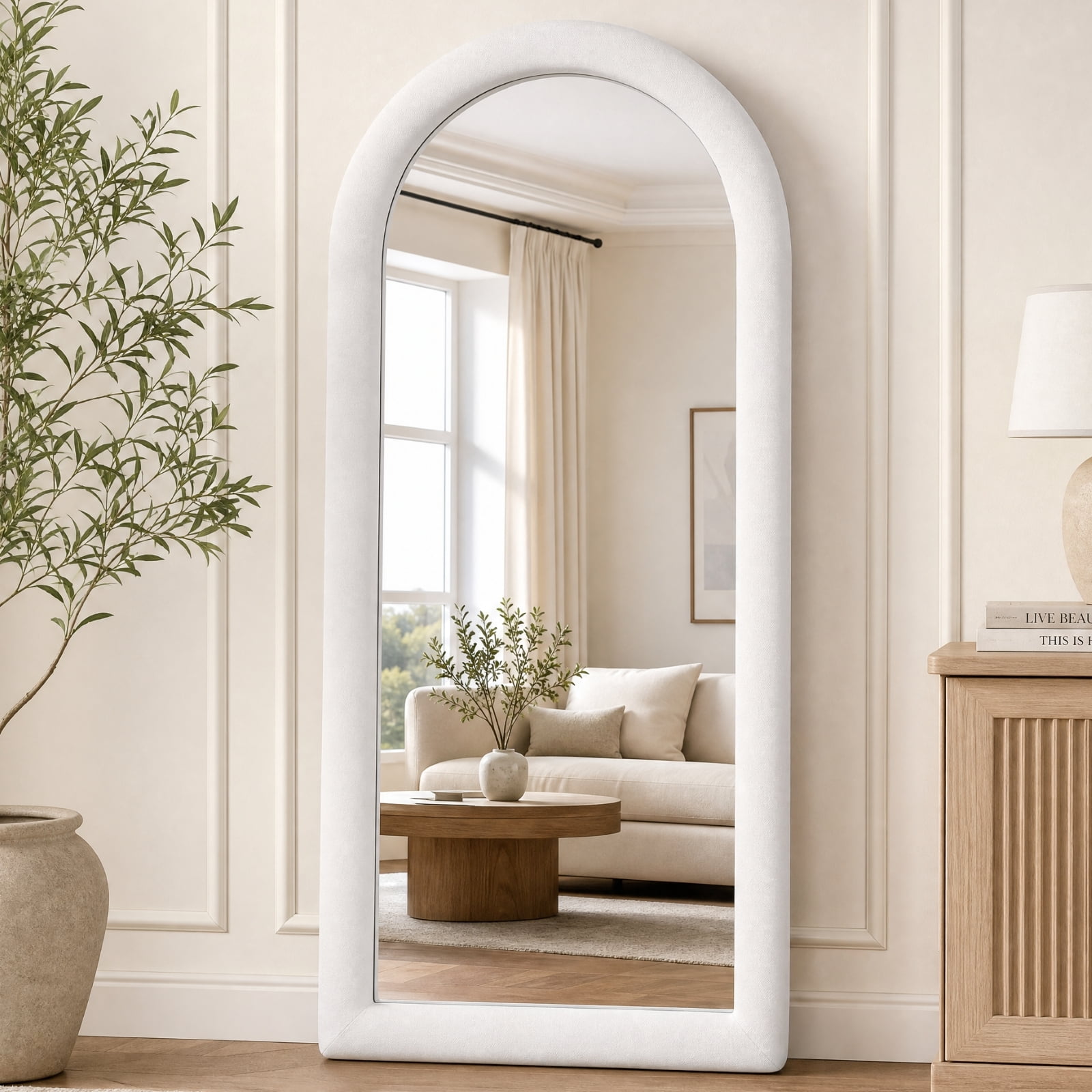 Gleamira 71"x32" Full Length Mirror Frame Arched Floor Mirror Flannel Wrapped Wooden Frame Hanging Leaning Mirror, White