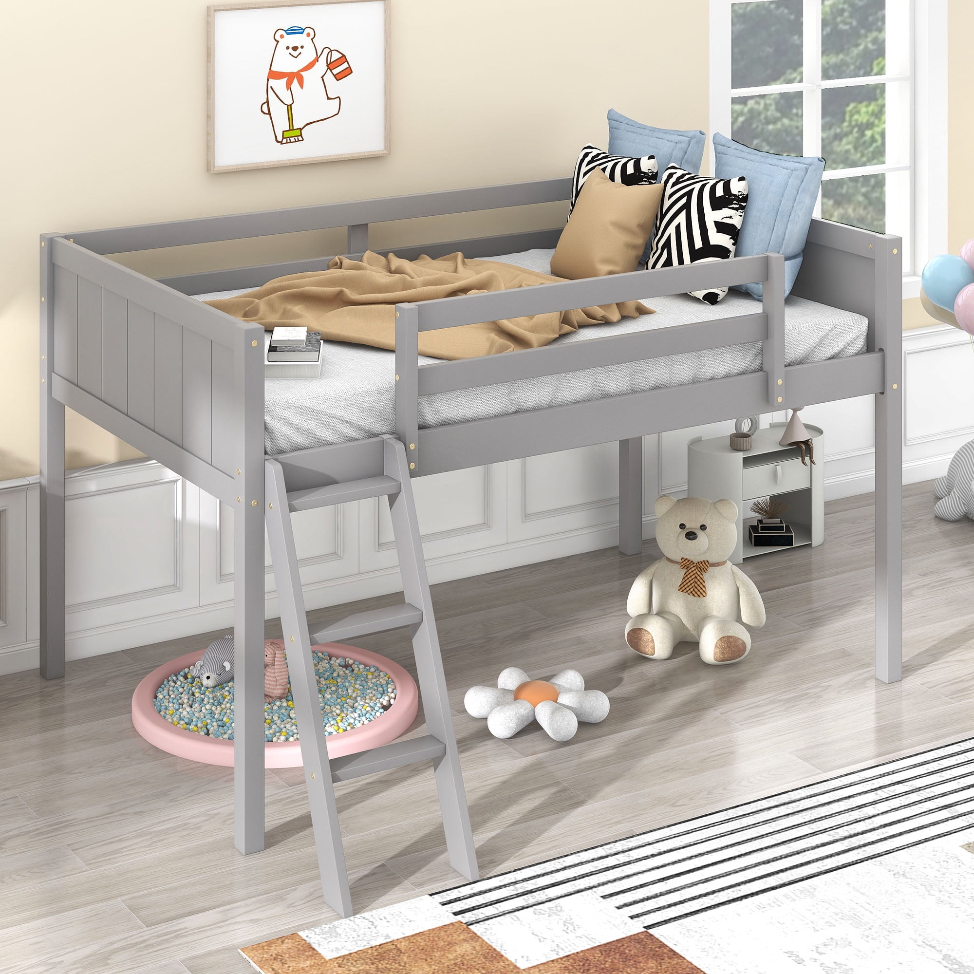 Euroco Wood Loft Bed with Ladder, Twin Size Low Loft Bed for Kids Teens, Gray