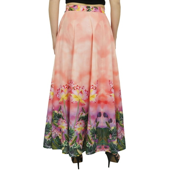 Bimba Women's Peach Floral Printed Maxi Summer Cotton Skirt Elastic Waist-S
