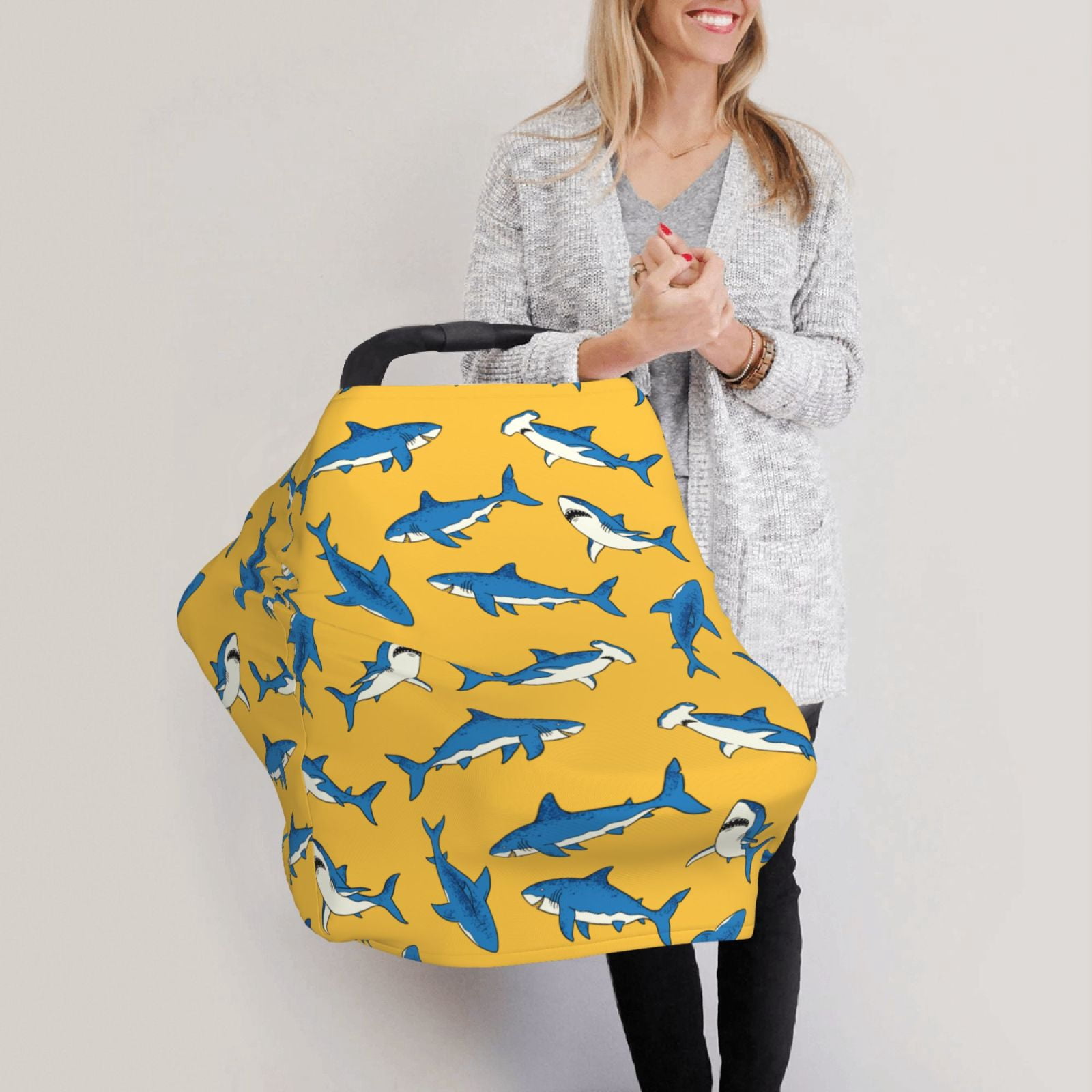 Fotbe Shark Print Pattern Car Seat Covers for Babies, Nursing Breastfeeding Cover Infant Carseat Canopy, Soft Stretchy Carrier Cover