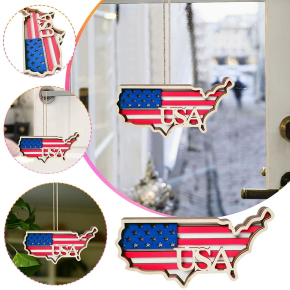 Qaailabf Independence Day USA Map Flag Door Hanger Wooden Pendant Patriotic Home Garden Decoration Welcome Sign 22.5x11.5x2cm Weather-Resistant Pre-Assembled Wire