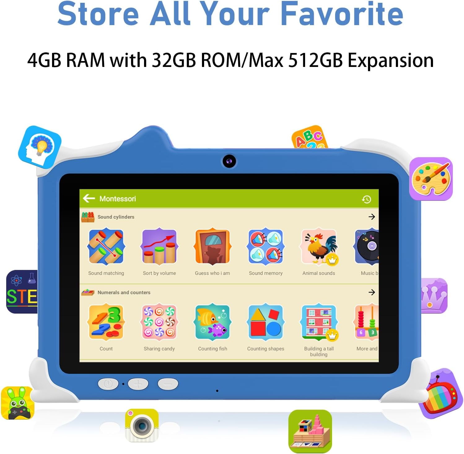 Kids Tablet 7 inch Android Tablets  4GB RAM+ 32GB ROM (Micro SD 1024GB Expandable)Toddler Tablet with Case, Parental Control, Dual Camera, IWAWA App Pre-Installed 2.4G/5G WiFi 6, Blue