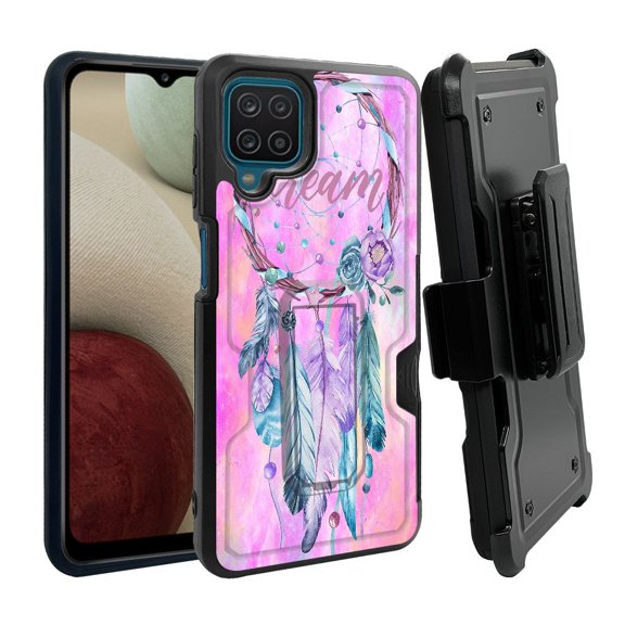 ANJ Rugged Dual Layer Shockproof Holster Case w/Card Slot, Kickstand Tempered Glass for Samsung Galaxy A12 - Pink Dreamcatcher