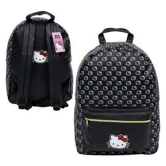 Hello Kitty Face Print Faux Leather 16" Large Backpack-Black