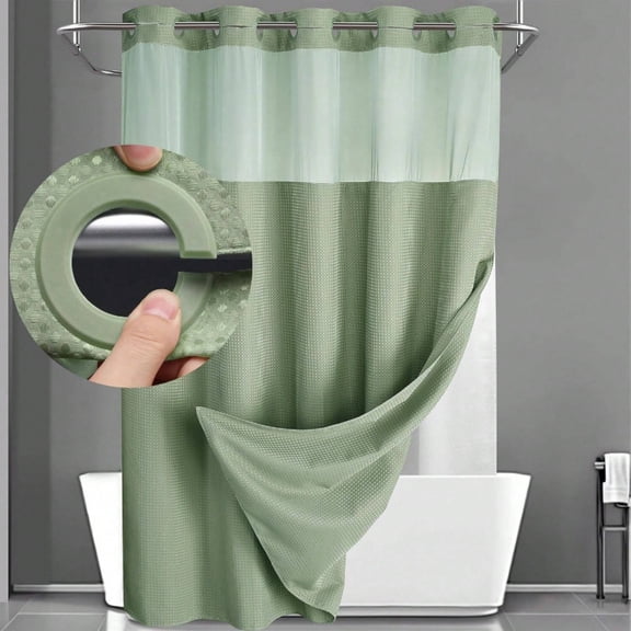 odorsTT Green Waffle Double Woven Shower Curtain, No Hook, Clear Top Window Hookless Shower Curtain Curtain Hotel Style Double Layer Machine Washable,72" X 75"