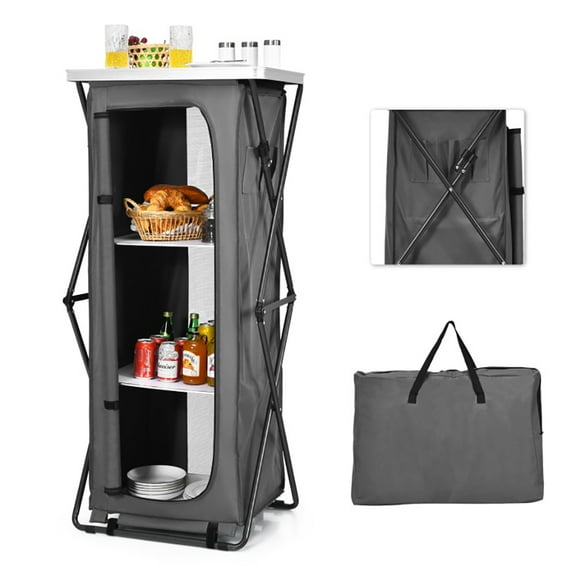 Aimee Lii Folding Camping Storage Cabinet with 3 Shelves and Carry Bag, Easy Set Up Portable Camping Kitchen, Gray-XL
