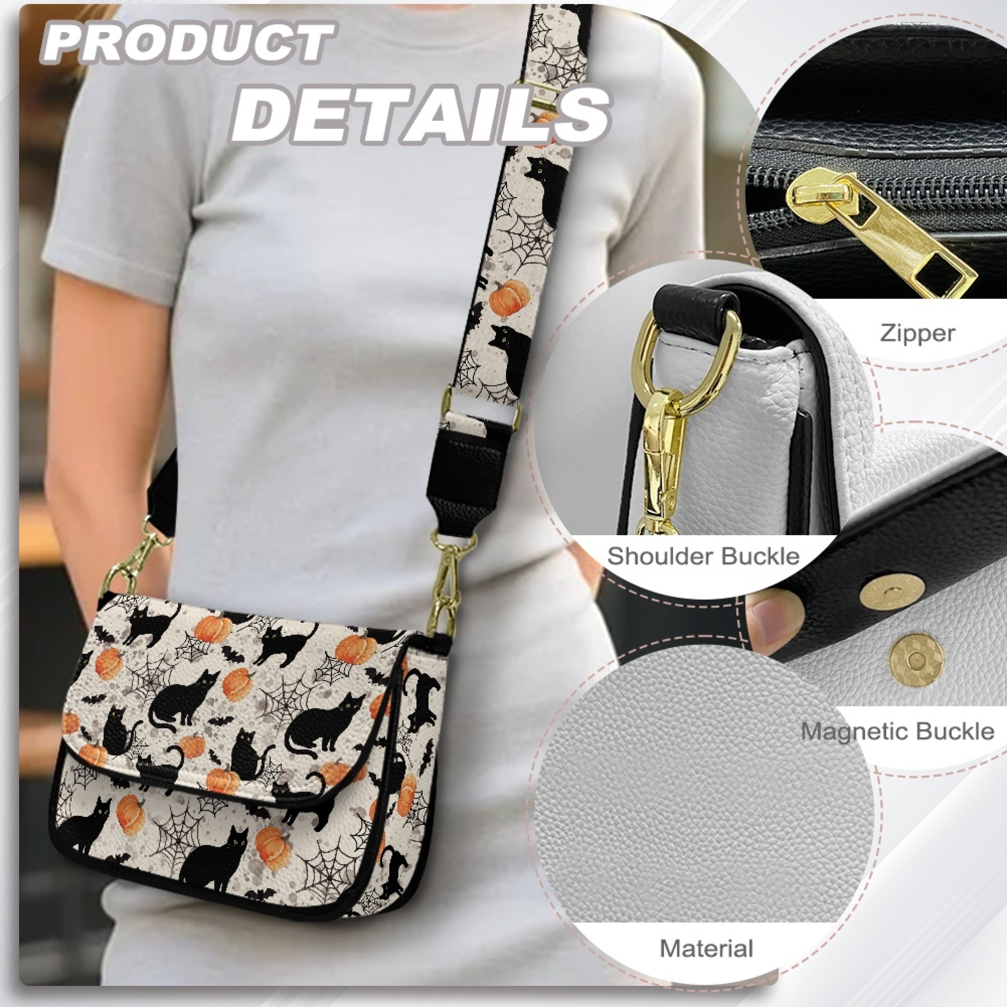 TSOVTHRID PU Leather Crossbody Bags for Women, Crossbody Purse with Adjustable Strap Zipped Pockets, Halloween Handbag Shoulder Bag, Black Cat Pumpkin Cobweb Bat Print