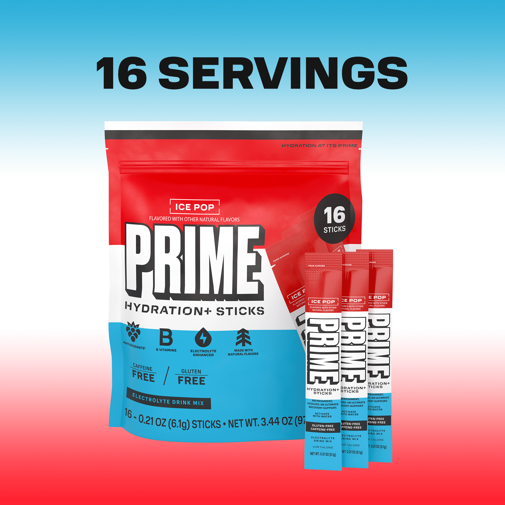 PRIME Hydration+ Ice Pop Electrolyte Powder Sticks, Sugar Free, 16 Count