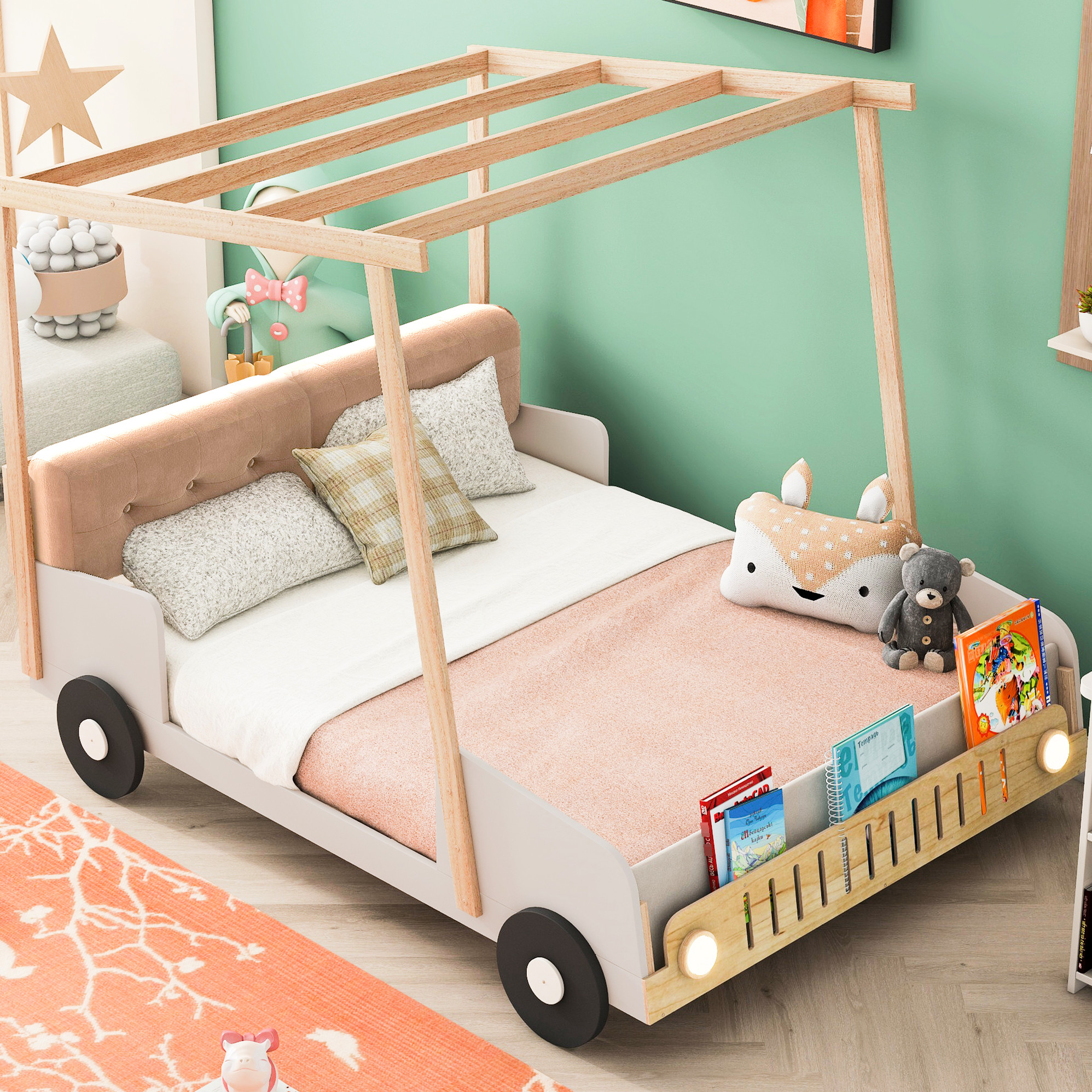 Natural Wood Full Bed With Car Shape Led, Pillow & Magazine Slot Comfort Pillow, Flannel Cloth Led