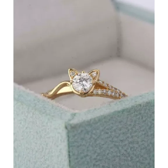 2Ct Lab Created Diamond Women's Gift Cat Ring in 14K Yellow Gold Plated
