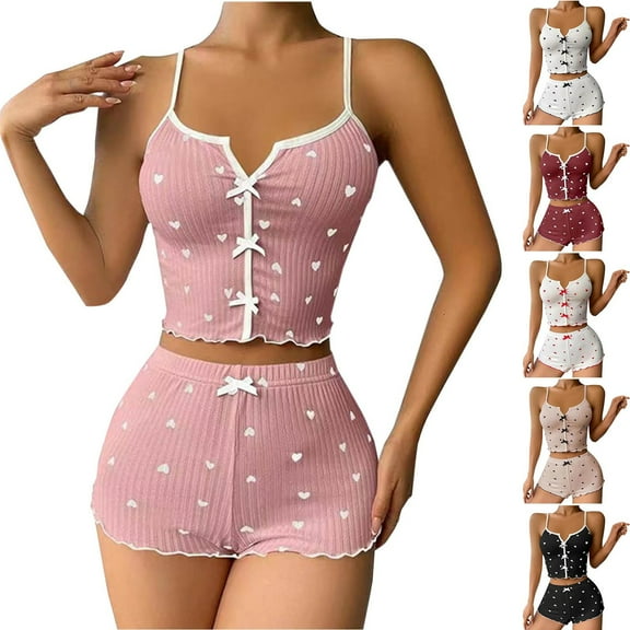 Ahuyic Womens Summer Plus Size Pajamas, Womens Casual Homewear Pajamas Set,Womens Summer Casual Heart-Shaped Printed Bow Tank Top And Shorts Homewear Pajama Set