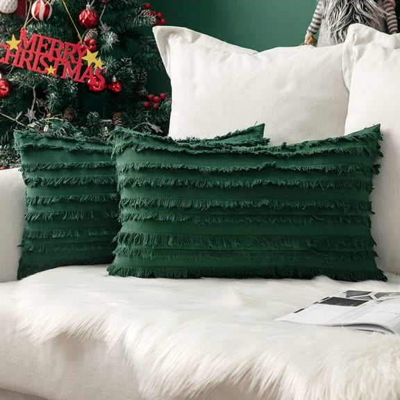 Nvzi Set of 2 Throw Pillow Covers Linen Striped Cushion Covers 12x20 Inch Green