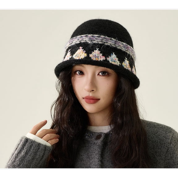 Women Winter Knitted Bucket Hats Warm Fuzzy Elegant Bowler Cap Slouchy Curled Brim Cloche Hat Fall Winter