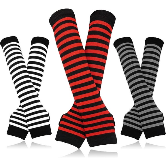 3Pairs Striped Arm Warmers Fingerless Gloves for Women