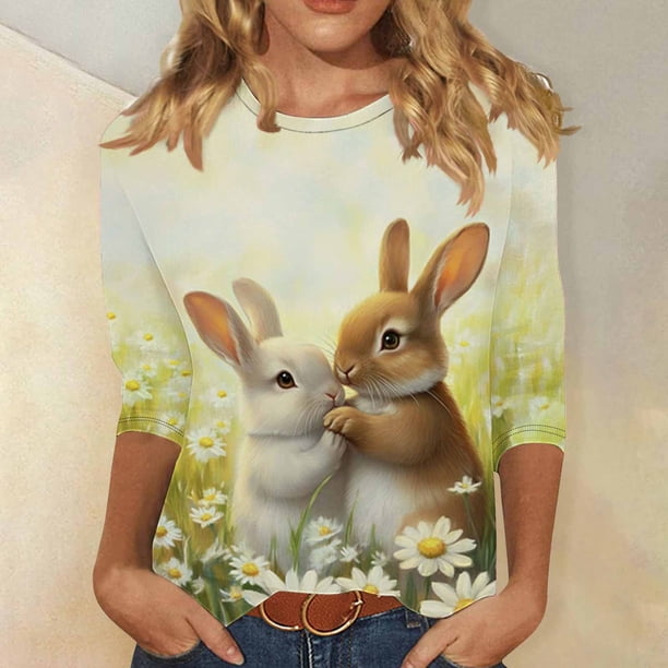 TaTaai Women Crew Neck 3/4 Sleeve Easter Print Casual Pullover Tee Ladies Spring Daily Commute Gathering Wear Lightweight Breathable Non-See-Through No Fading Fashion Top Gift