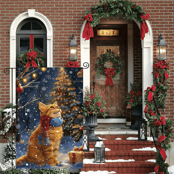 Christmas Cat Garden Flag, Winter Snow Kitty Outdoor Yard Flag, Double Sided 2D Flat Printed Patio Lawn Decor
