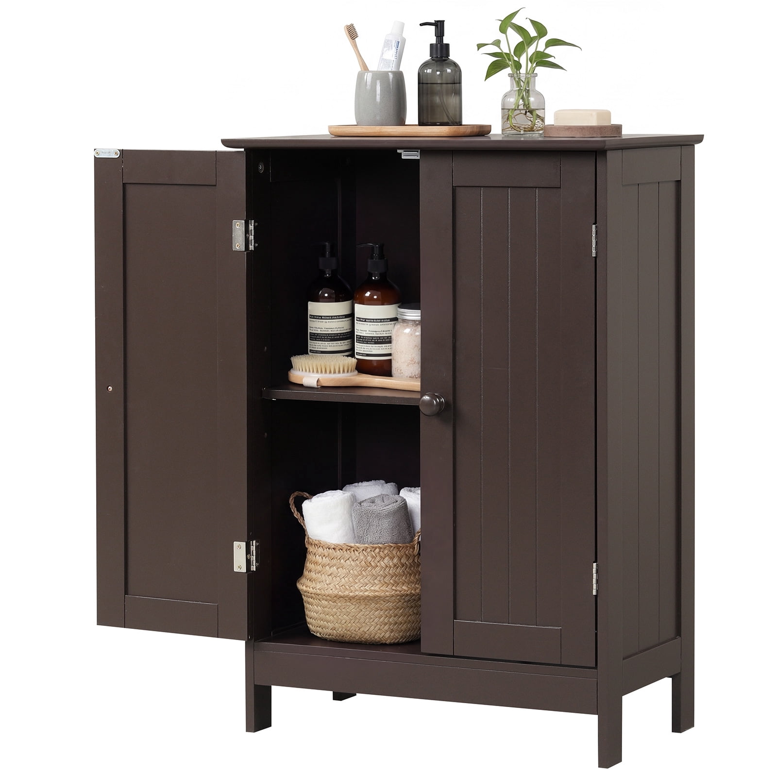 Gymax Bathroom Storage Cabinet Freestanding Wooden Floor Cabinet w/ Double Doors Adjustable Shelf Modern Storage Organizers for Kitchen Living Room Entryway Brown