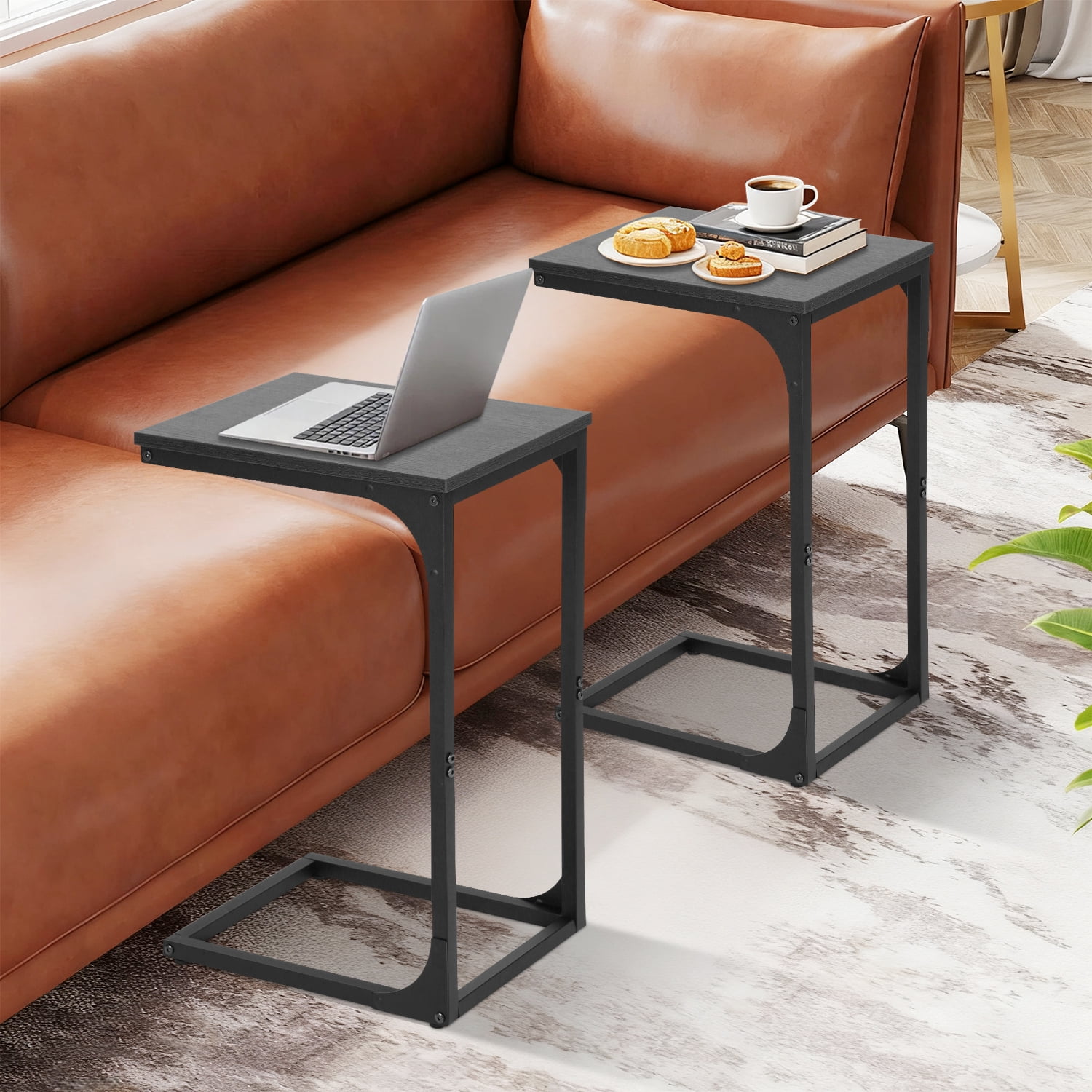NiamVelo C-Shaped End Table Set of 2 , Small Side Table for Couch, Sofa Table with Metal Frame for Living Room, Bedroom, Bedside （Black）