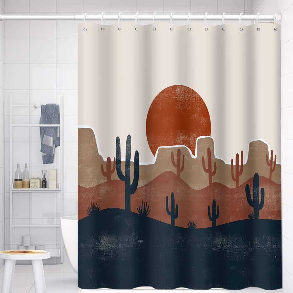 JOOCAR Mid Century Bohemian Bathroom Shower Curtain Desert Cactus Red Sun Shower Curtain with