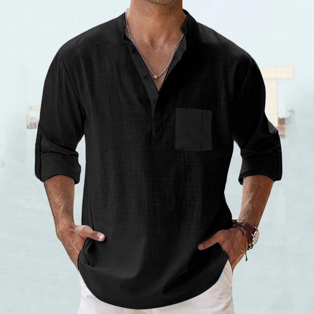 Men Shirts Spring Summer Loose Fit Solid Color Pocket Long Sleeve Pullover Shirt for Everyday Comfort and Easy Styling