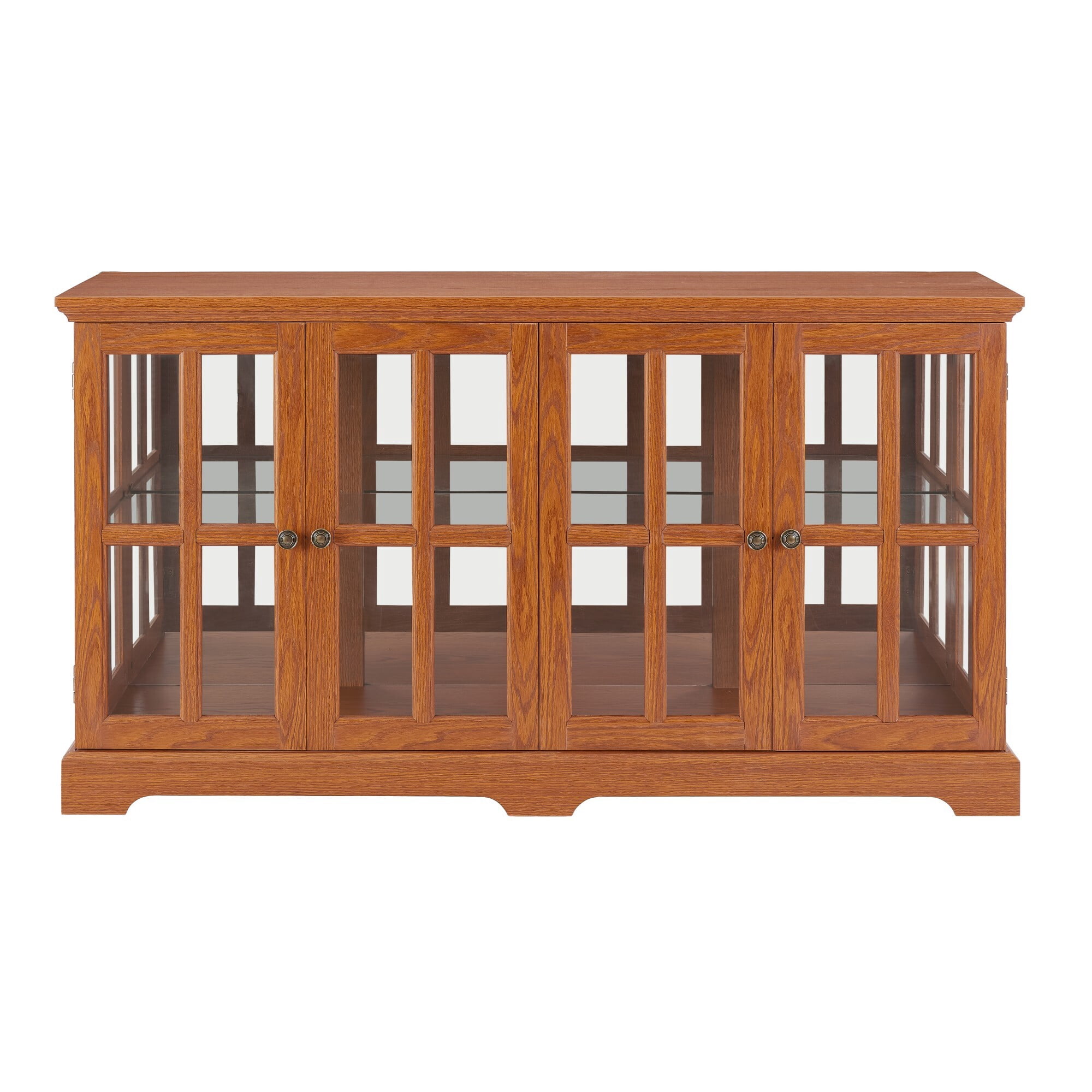 AENKYO Retro LED Glass Display Cabinet with Adjustable Shelves, Vintage Style Curio Showcase for Home, Dark Oak