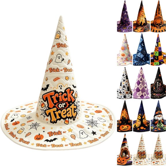 WULMLEO Halloween Hats for Women Assorted Quilted Witch Hats Varied Seasonal Prints Classic Pointed Wide Brim Cosplay Party Accessory E One Size
