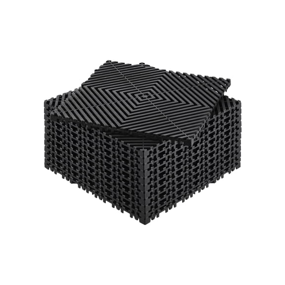 KFFKFF Drainage Floor Mat Set, 12” x 12” Detachable Cushioning Tiles, Pack of 12 Interlinking Drain Mats, Slip-Resistant Black PP Material, Ideal for Garage, Garden, Kitchen & Outdoor Shower Usage