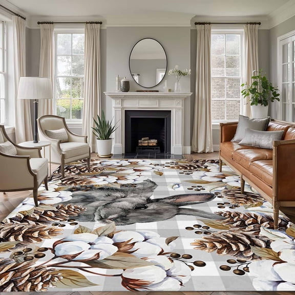 5x8 Area Rugs for Living Room, Grey Rabbits Non Slip Area Rugs for Kitchen Bedroom Entryway, Pine Cones Brown Plants Grey Checkered Farmhouse Washable Carpet Runner Rug Floor Mats for Bedroom