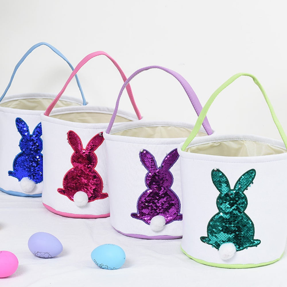 Easter Bunny Basket Bags for Kids, Sequin Rabbit Pattern Egg Basket Hunt Bags Canvas Cotton Bucket with Fluffy Tail for Easter Eggs, Candy, Gift