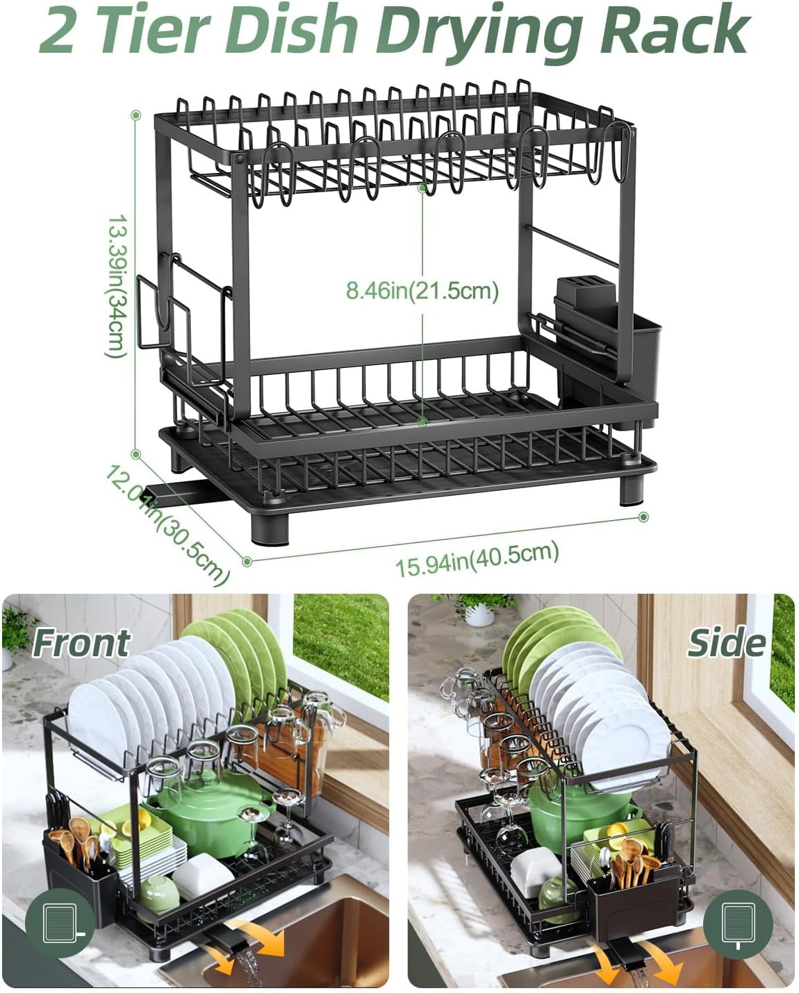 2 Tier Black Rustproof Carbon Steel Dish Drying Rack with Drainboard and Utensil Cup Holder
