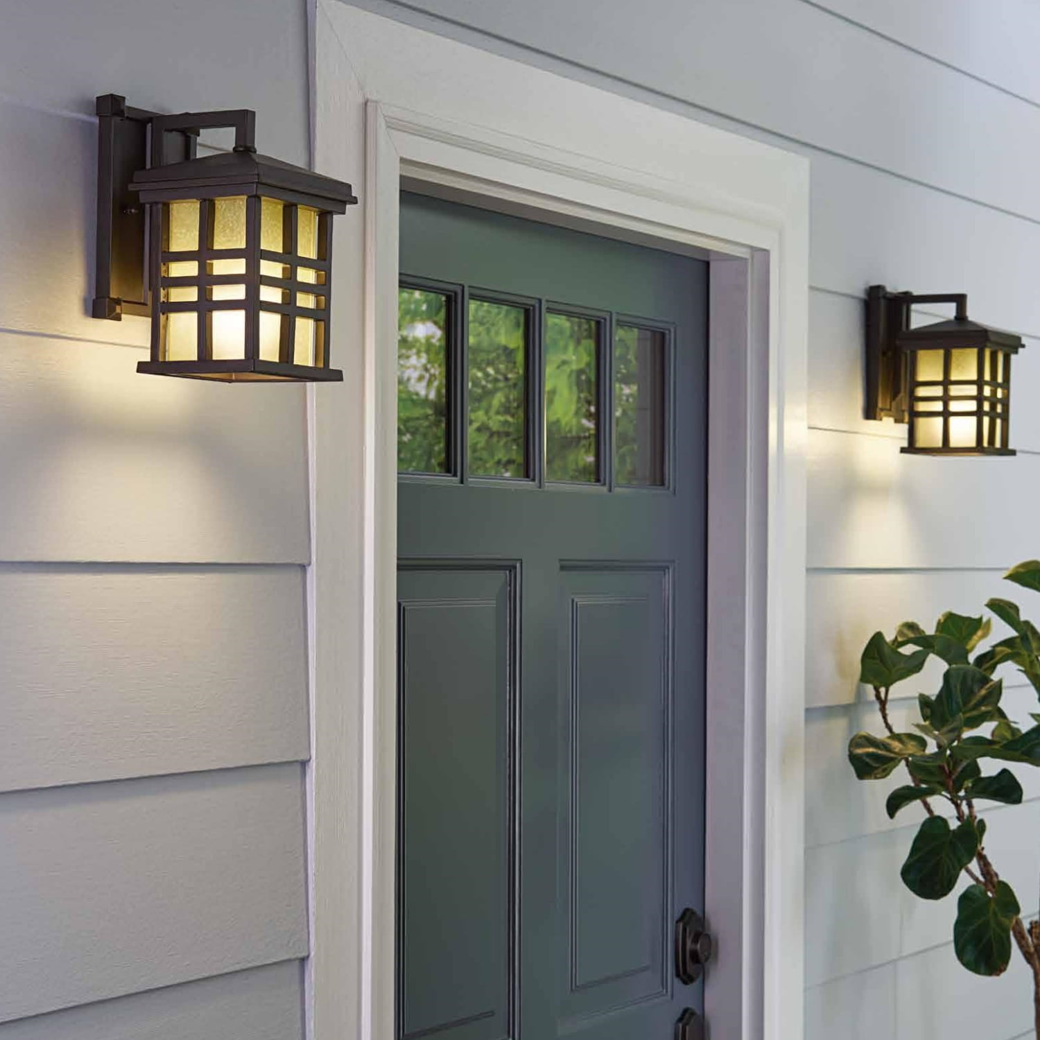 Better Homes & Gardens 9.8" Farmhouse Bronze Outdoor Wall Light, Metal Fixture Stained Glass Shade