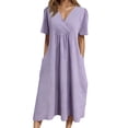 thumbnail image 2 of Tshirt Dress Women Cotton Linen Spring Summer Short Sleeve V Neck Smocked Loose Fit Flowy Midi Dress with Pockets, 2 of 5