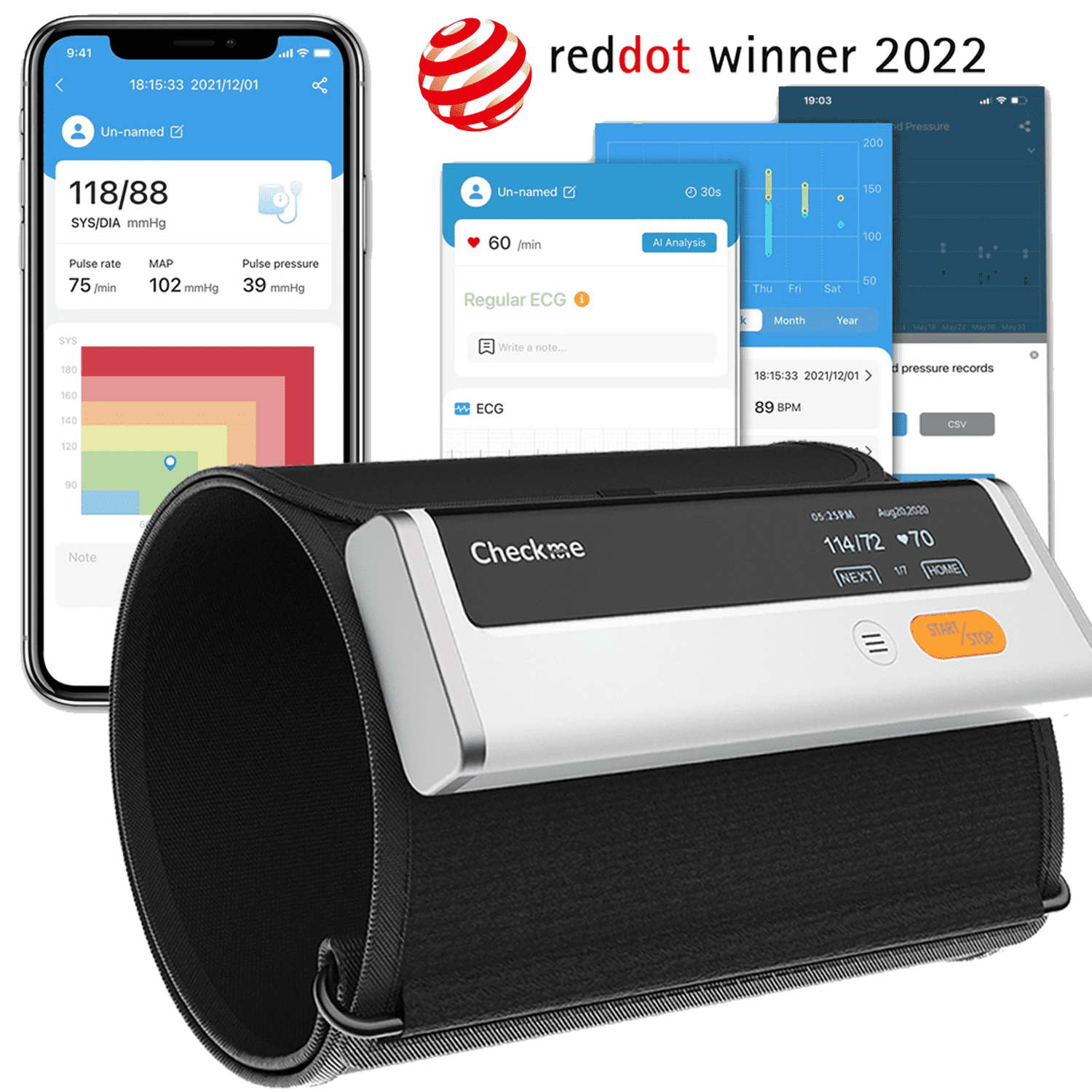 Checkme BP2 Blood Pressure Monitors, Upper Arm Blood Pressure BP Cuff Machine, With Accurate AI EKG analysis, Free App