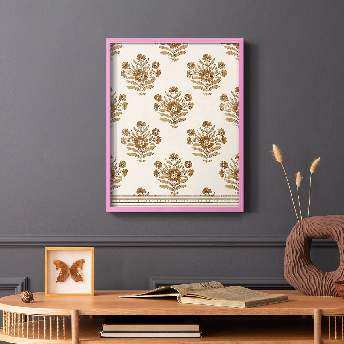 Block Print Blooms I Framed Print in Pink Solid Wood Framed Print No Nail Hanging