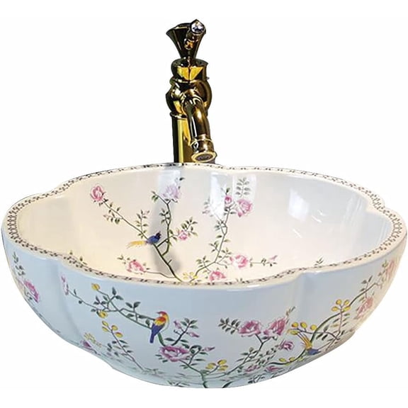 LIQIAONAN White Ceramic Flower Shape Vessel Sink Above Counter Bathroom Vanity Basin Bowl