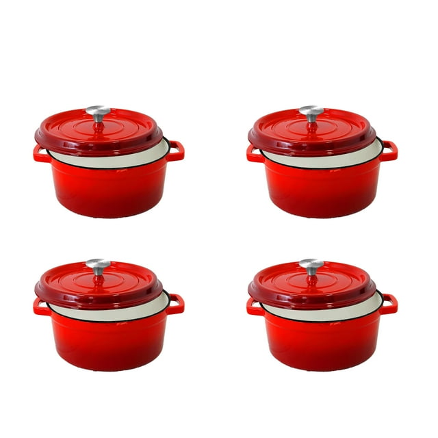 NutriChef 5 QT Four Hollandais en Fonte Émaillée avec Couvercle Auto-Assaisonné, Rouge (4 Pack)