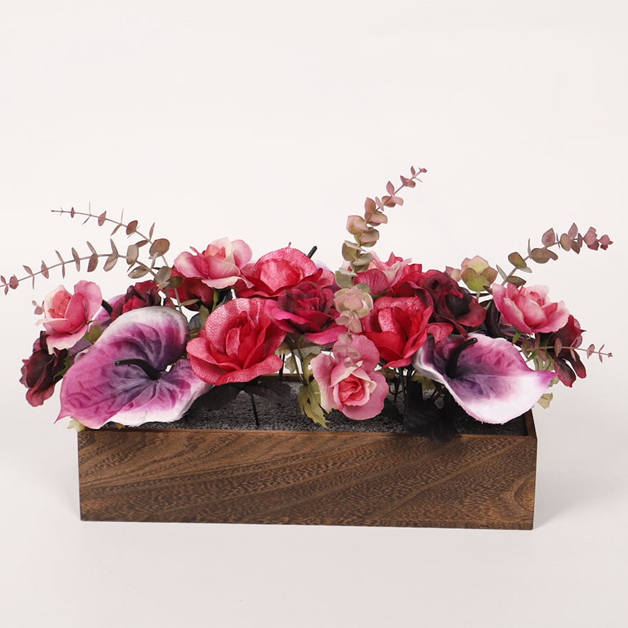 Flower Arrangement with Wooden Vase Artificial Flowers in Pot - Fake Flowers Roses Peonies Hydrangeas in Wooden Vase Potted Artificial Flower Centerpieces for Table Decor Living Room