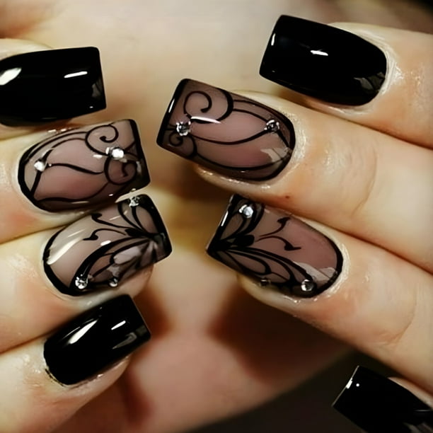 Parche para Uñas Postizas Dark Wind Wearing | Comercio Europeo y Exterior | Práctico y Rápido | Diseño Versátil | Duradero | Protección de Uñas | Eliminación Sin Destrucciones | 24 Piezas | 11,7 Cm X