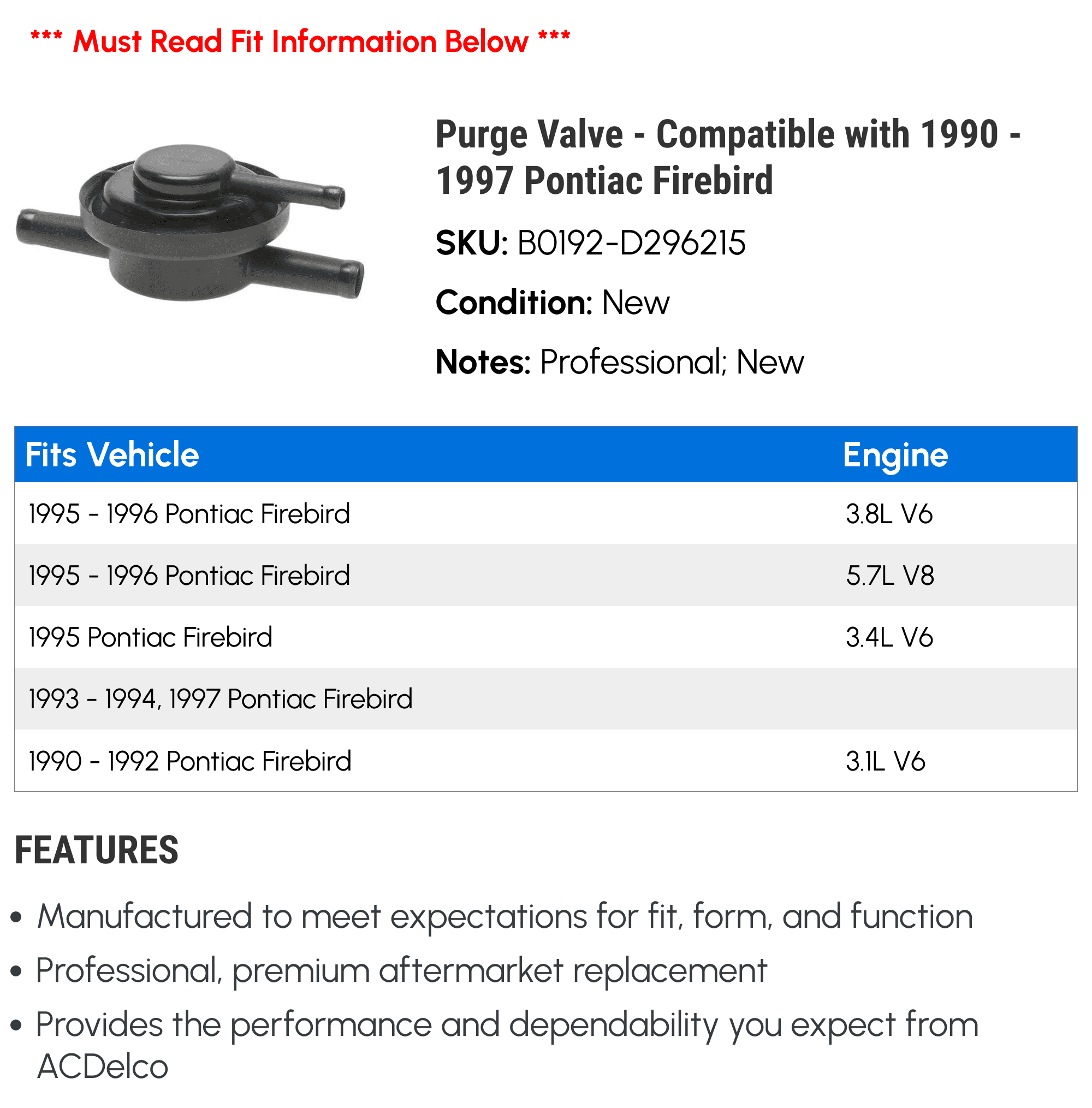 Purge Valve - Compatible with 1990 - 1997 Pontiac Firebird 1991 1992 1993 1994 1995 1996