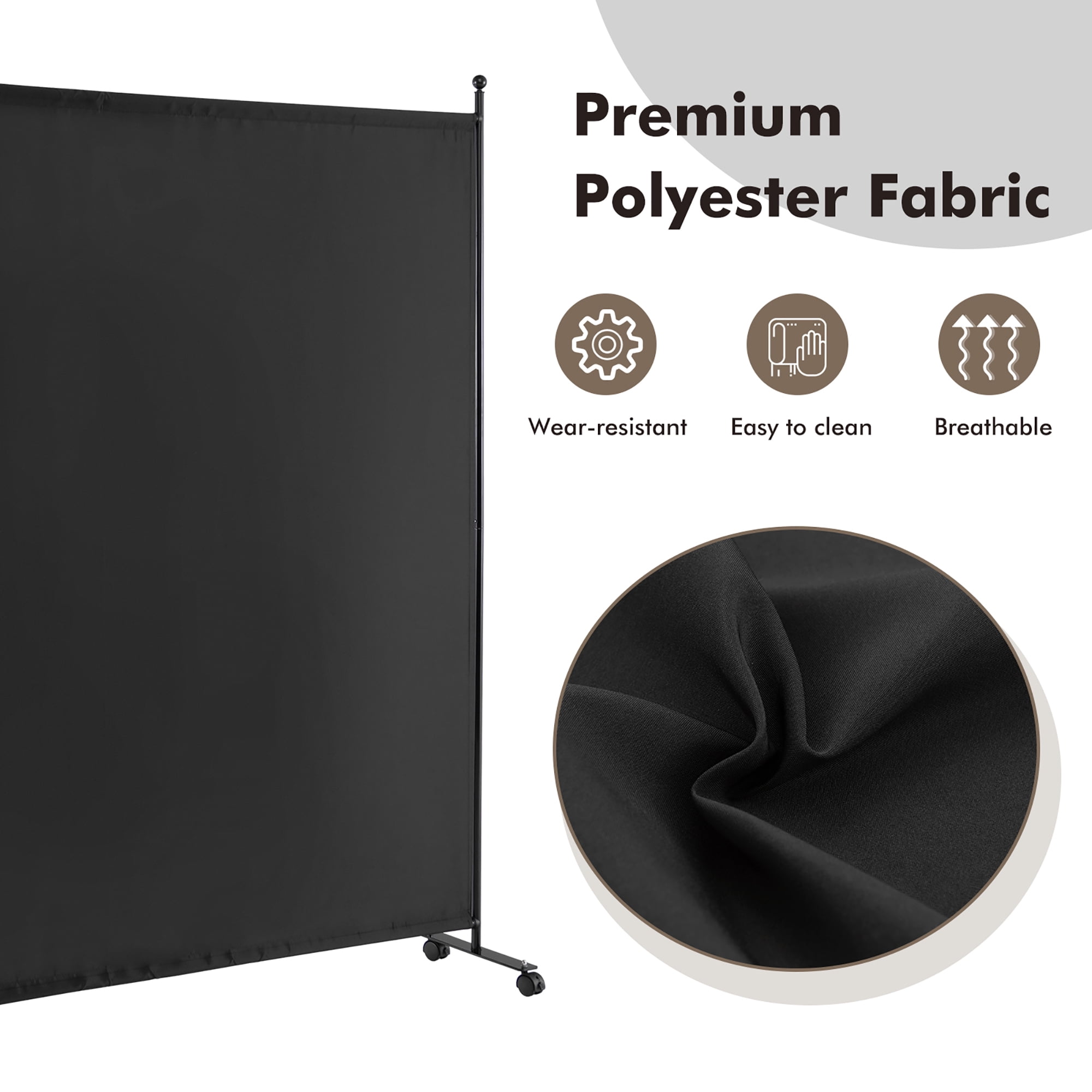Costway 6FT Single Panel Room Divider with Wheels Rolling Fabric Partition Privacy Screen Black