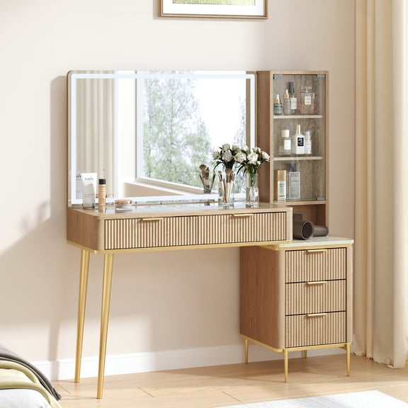OKD Makeup Vanity Desk with Lights and Mirror, Vanity Table with 5 Drawers and Charging Station for Bedroom,Oak