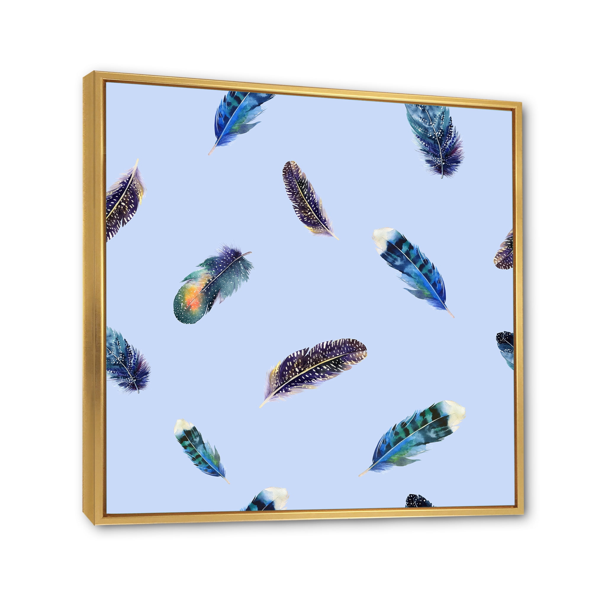 Designart 'Blue Feathers Boho Ethnic ' Bohemian & Eclectic Framed Canvas Wall Art Print