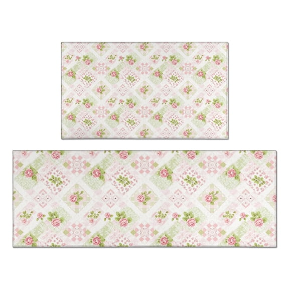 Pioneer Flower Floral Print Pattern Kitchen Rugs Sets Of 2, Anti Fatigue Non Slip Washable Floor Mats for Kitchen Sink Laundry, 17X30 Inch   17X47 Inch