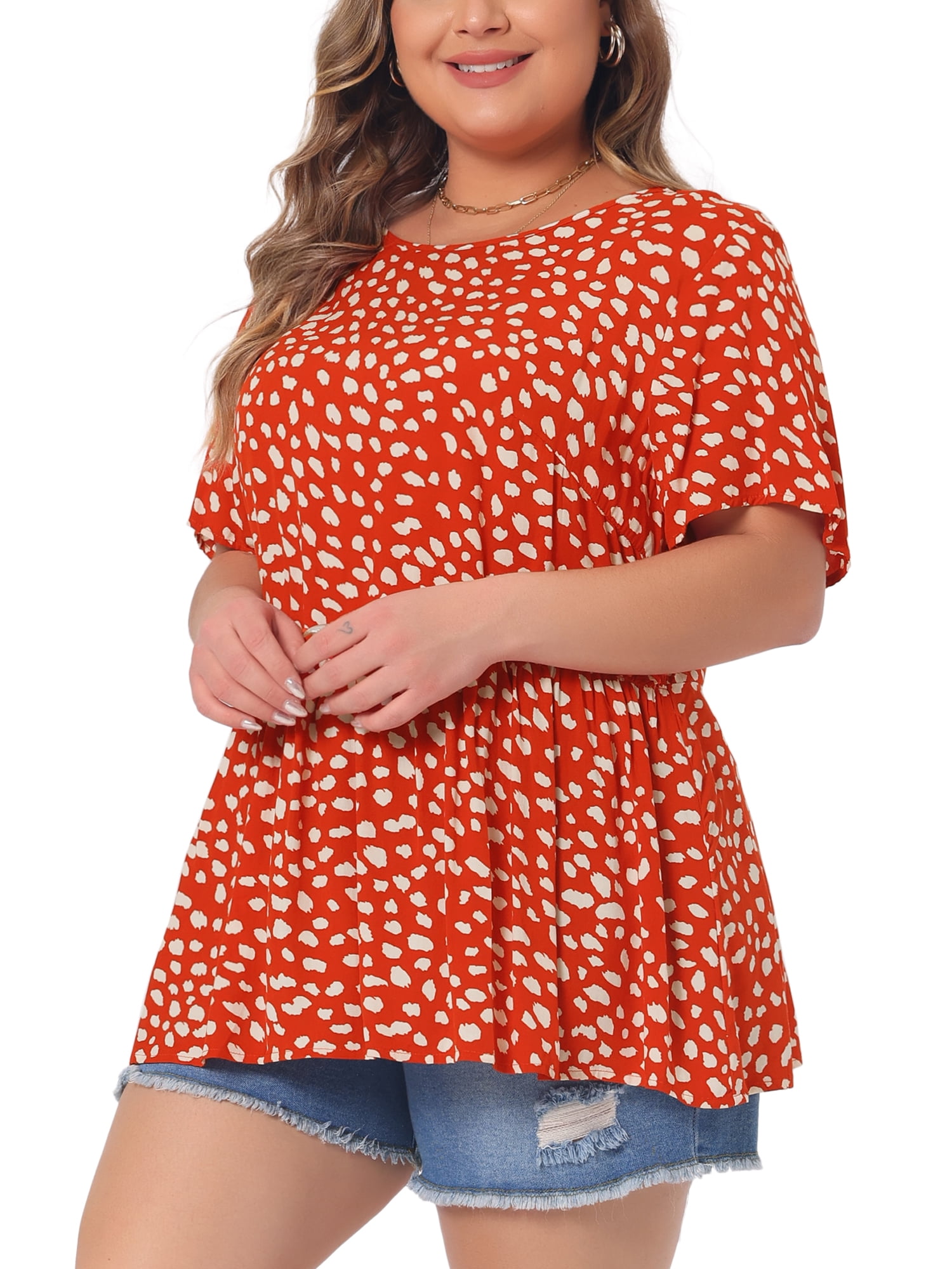 DARING DIVA Women's Plus Polka Dots Crew Neck Peplum Blouse 3X Orange
