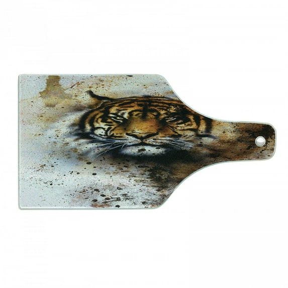 Tiger Cutting Board, Wild Beast Looking Straight into the Eyes of the Viewer Angry Looking Panthera Tigris, Tempered Glass Cutting and Serving Board, Wine Bottle Shape, Multicolor, by Ambesonne