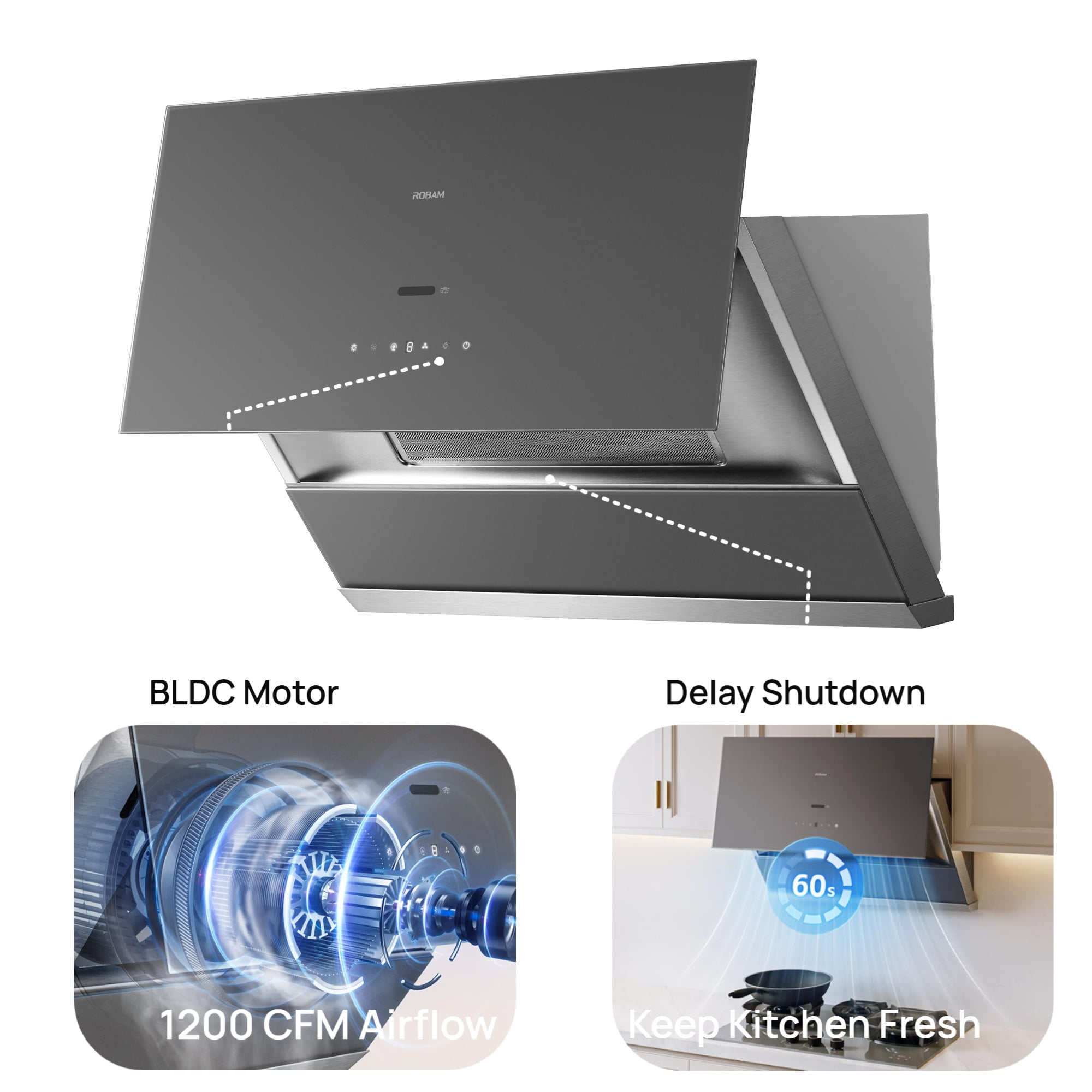 ROBAM Under Cabinet Kitchen Range Hood 36" R-Max3 Black, 1400CFM Auto-Adjust Speed Control with LED Lights, Fingerprint Resistance, R-Link Tech